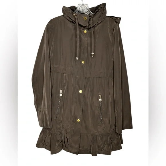 Betsey Johnson Brown Ruffle Edge Coat Size XS *missing hood button - Picture 1 of 16